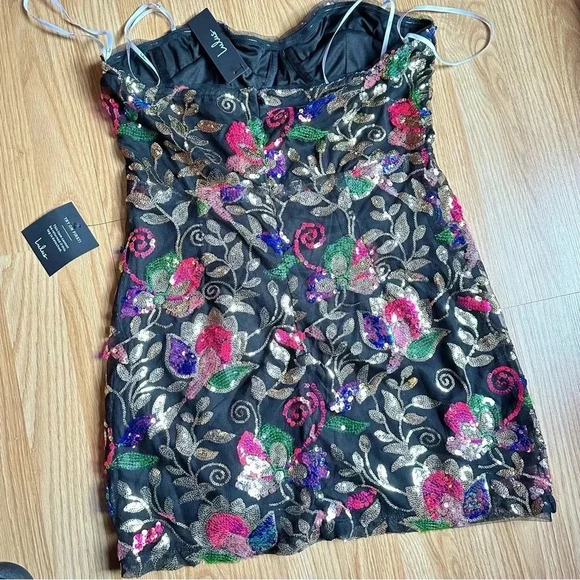 Lulu’s Thriving Blossom Black Mesh Sequin Bustier Strapless Mini Dress NWT - Picture 6 of 9